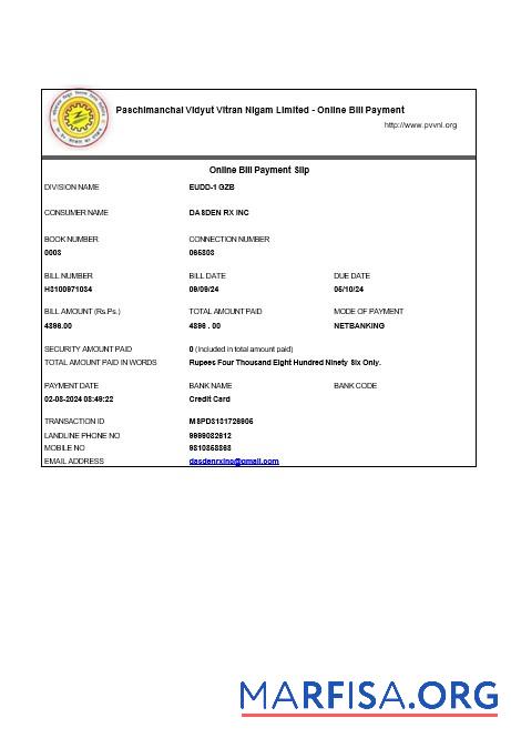 Blank INDIA PVVNL business utility bill Word and PDF template